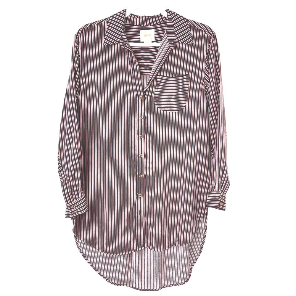 Maeve Cotton Button Down Shirt Blouse High Low Hem Striped Red Womens XS Preppy